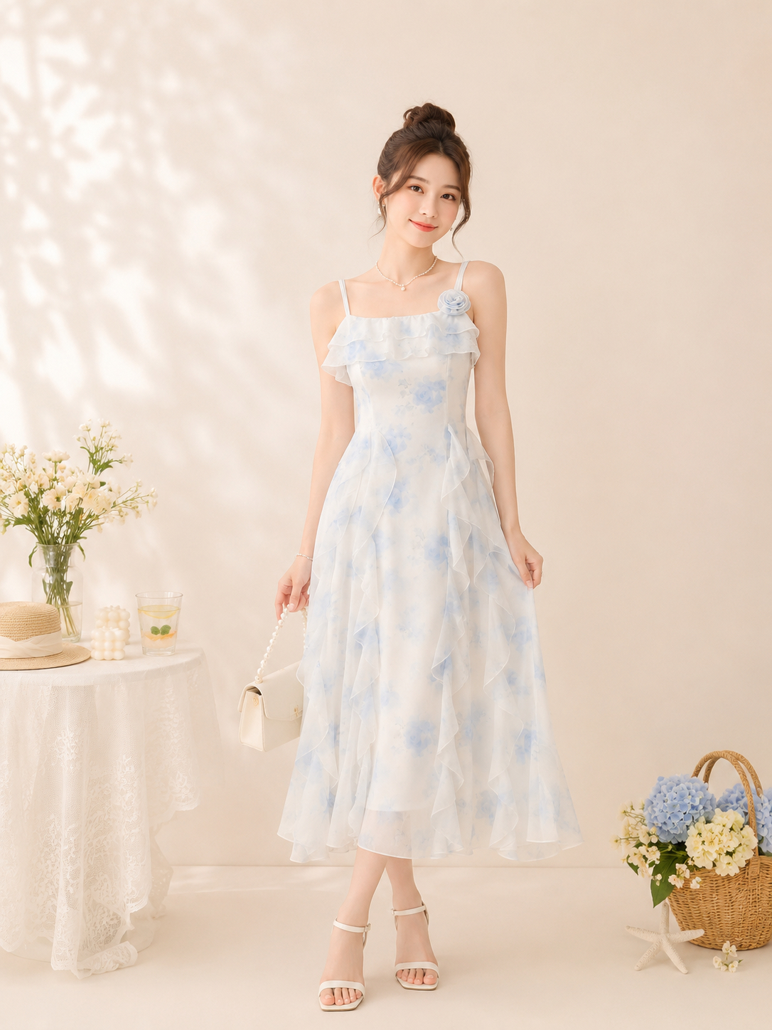 A031156 Sweet Floral Ruffle Strap Dress