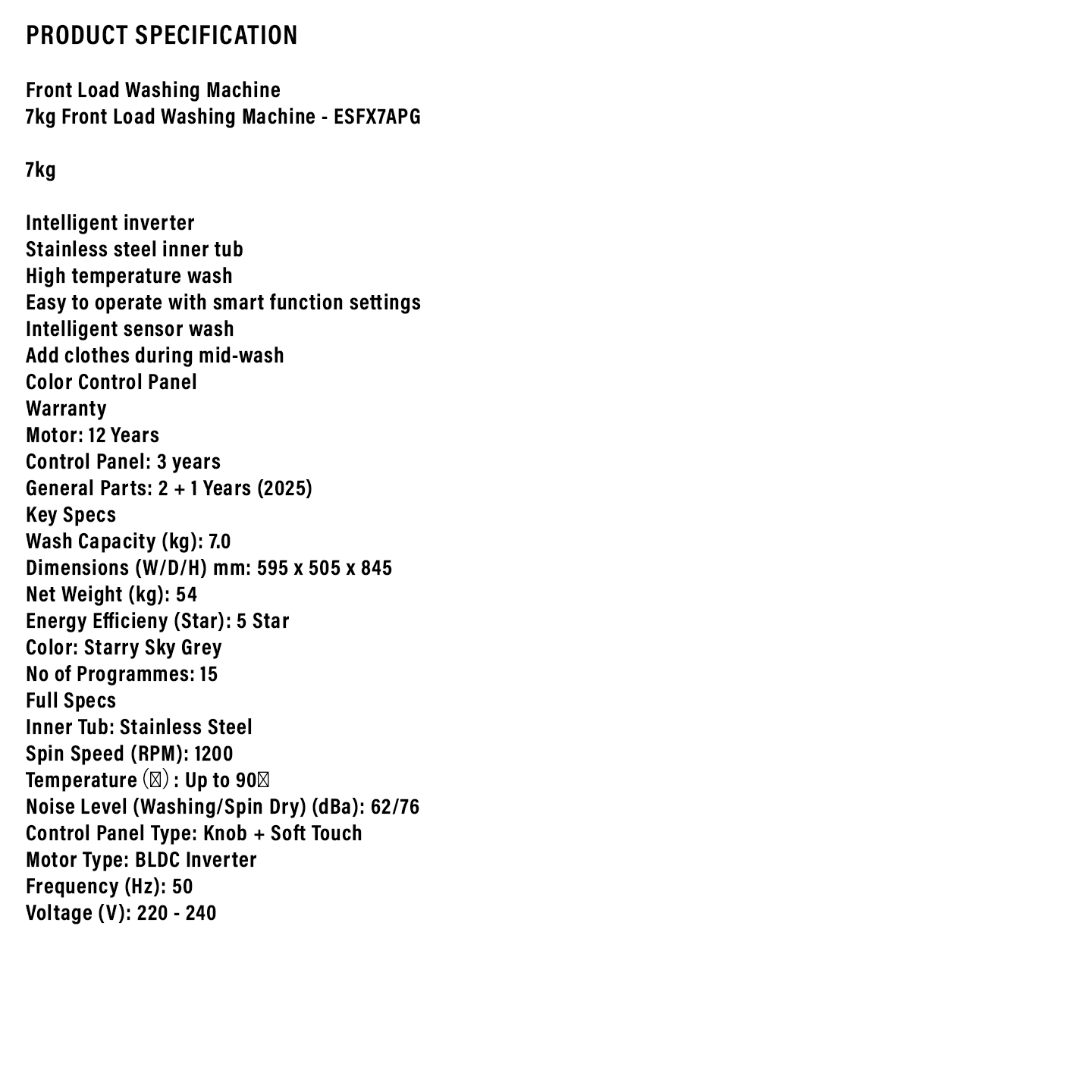 Sharp 7kg Pro-Flex Inverter Front Load Washer (ESFX7APG)