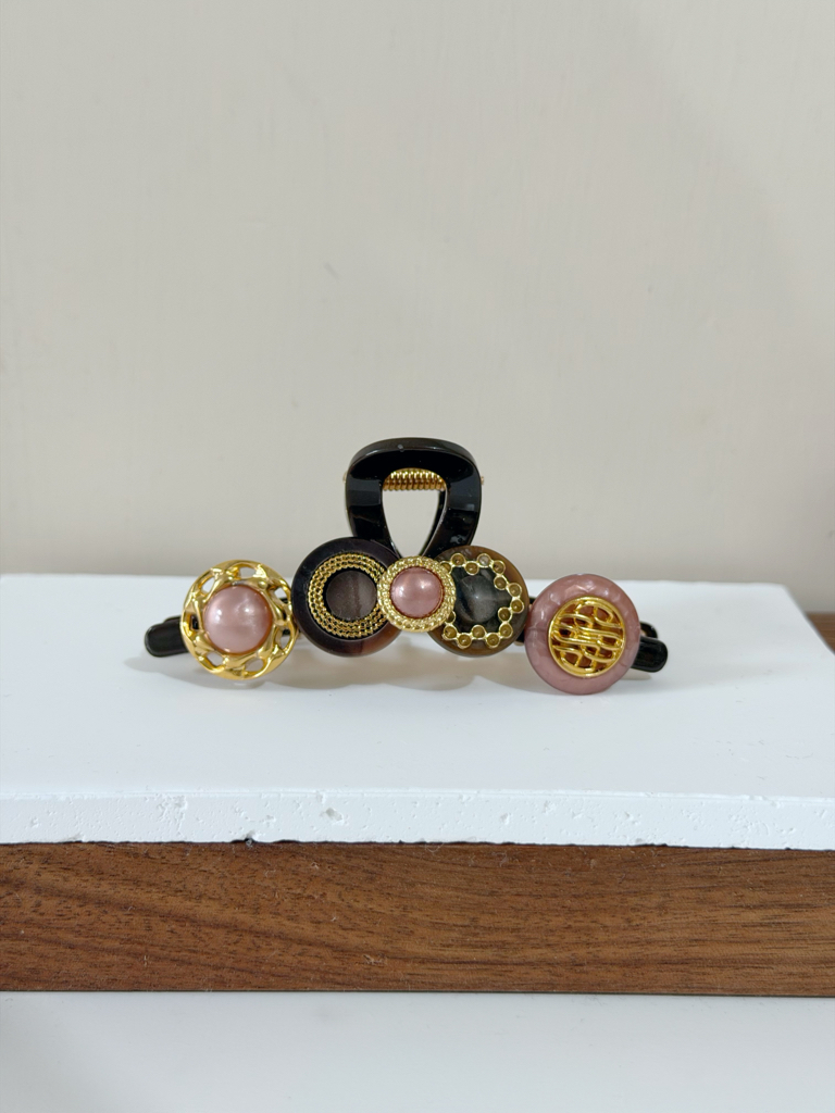 復古鈕扣髮夾/啡色系 8cm長