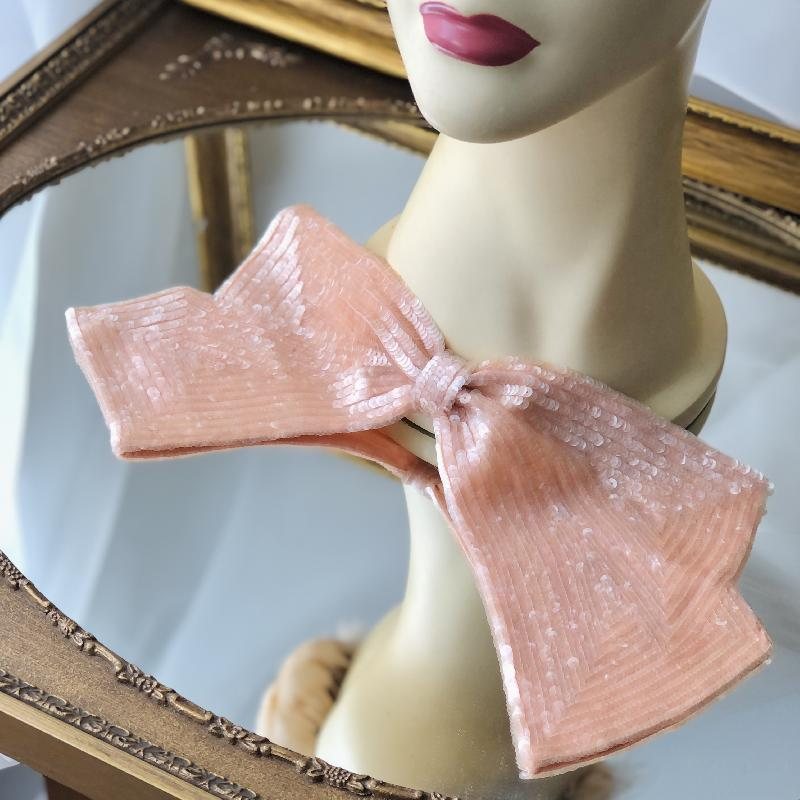 C.a. 1950s Handmade Salmon Pink Sequin Bow Embellishment(MT612)