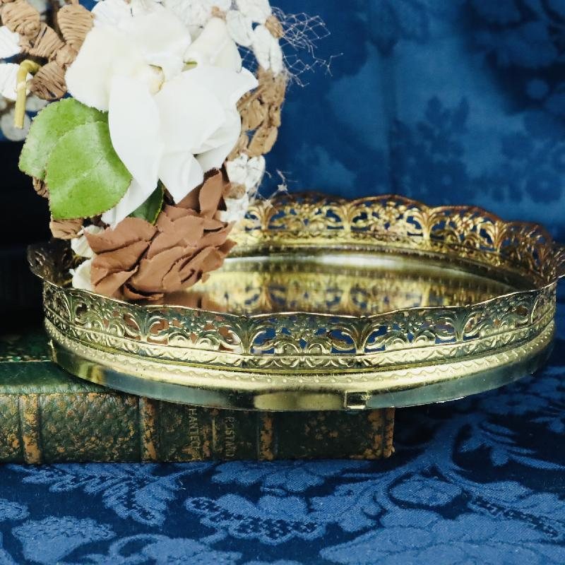 C.a. 1960-70s Stamped Filigree Gold Tone Round Mirror Tray / Vanity Tray (MT1686)