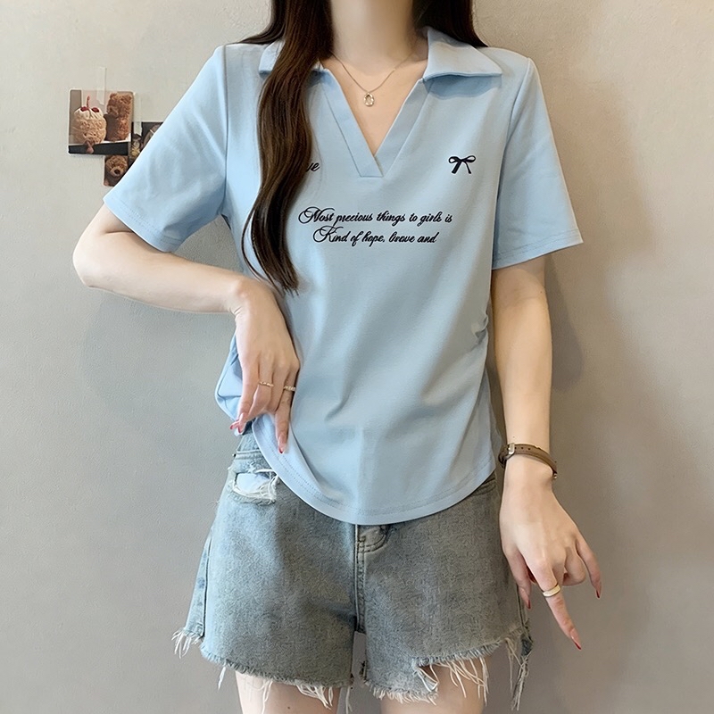 B124(36912) 美式甜美风斜小字母爱心蝴蝶结翻领4色上衣