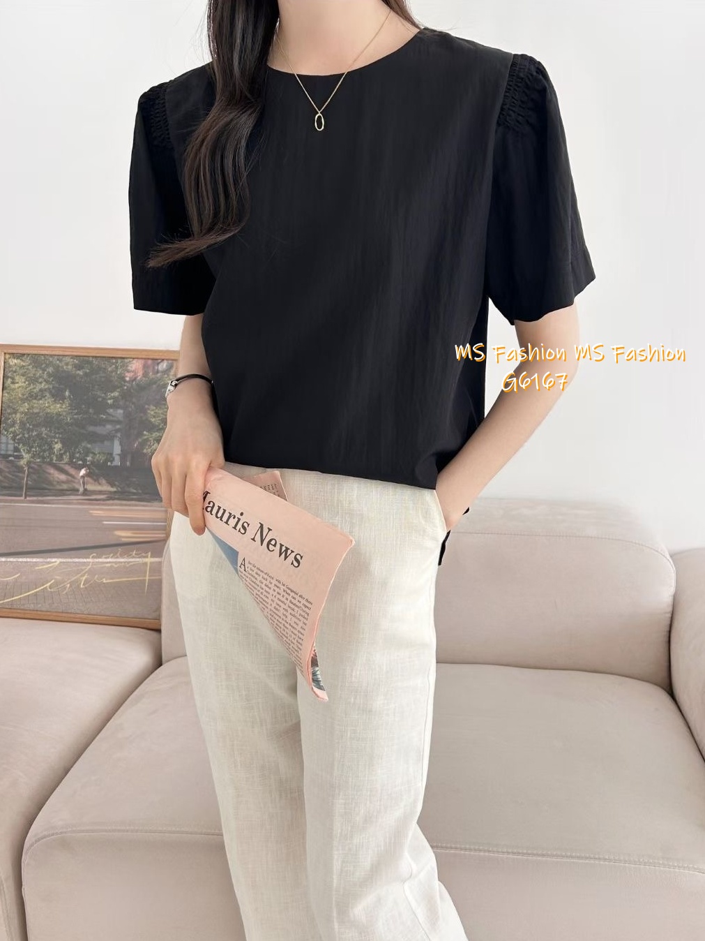 G6167 韓國🇰🇷淨色肩皺摺top