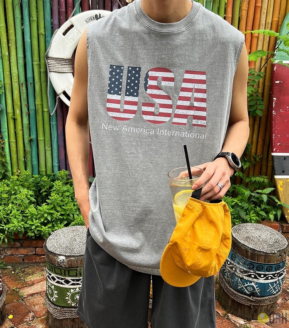 【100%保證韓國直送】Pigment Retro Graffiti USA 復古做舊水洗染美式星條旗寬鬆無袖背心 👕 [4 color] RG165891
