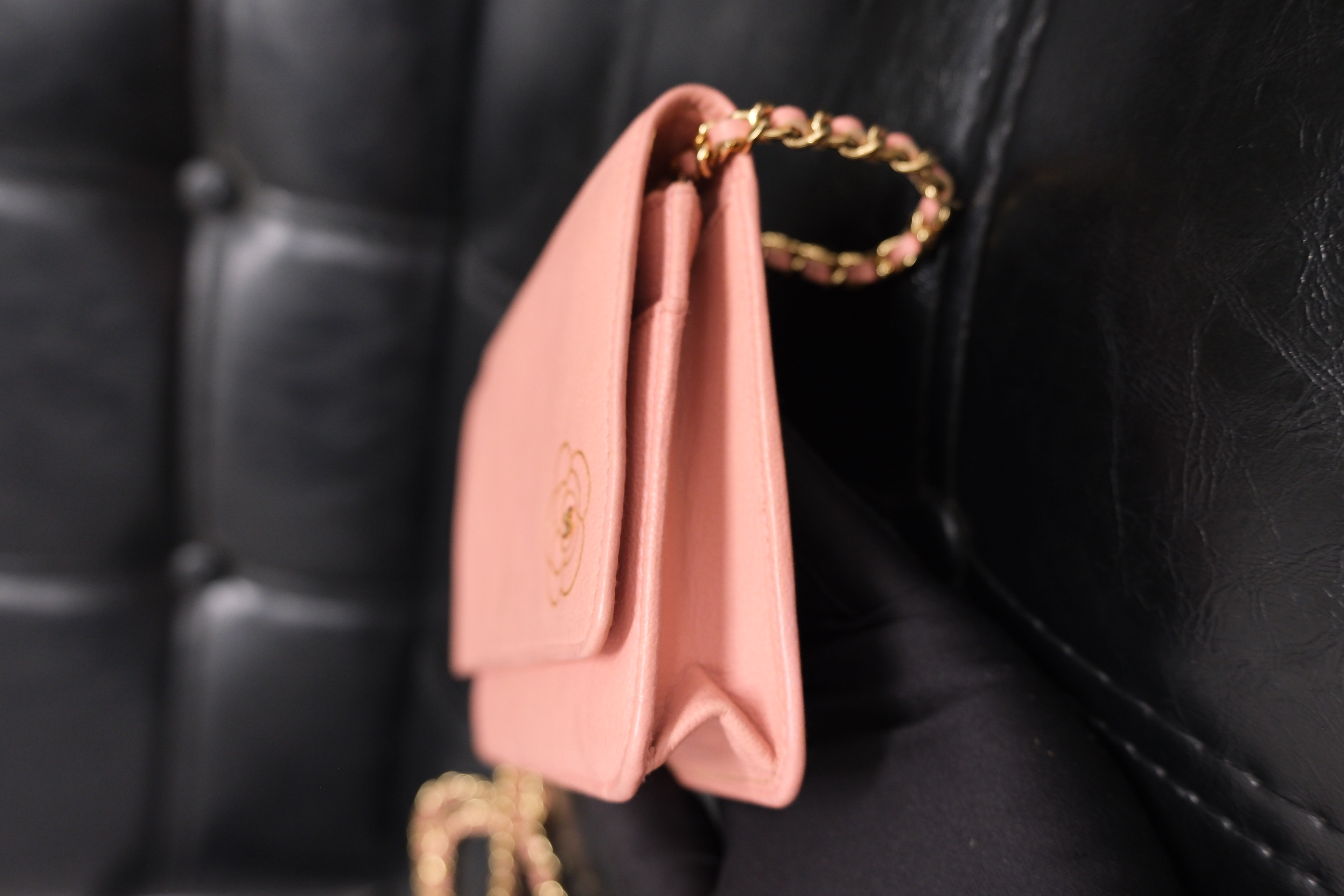 Chanel Camelia Leather Chain Wallet Pink Gold