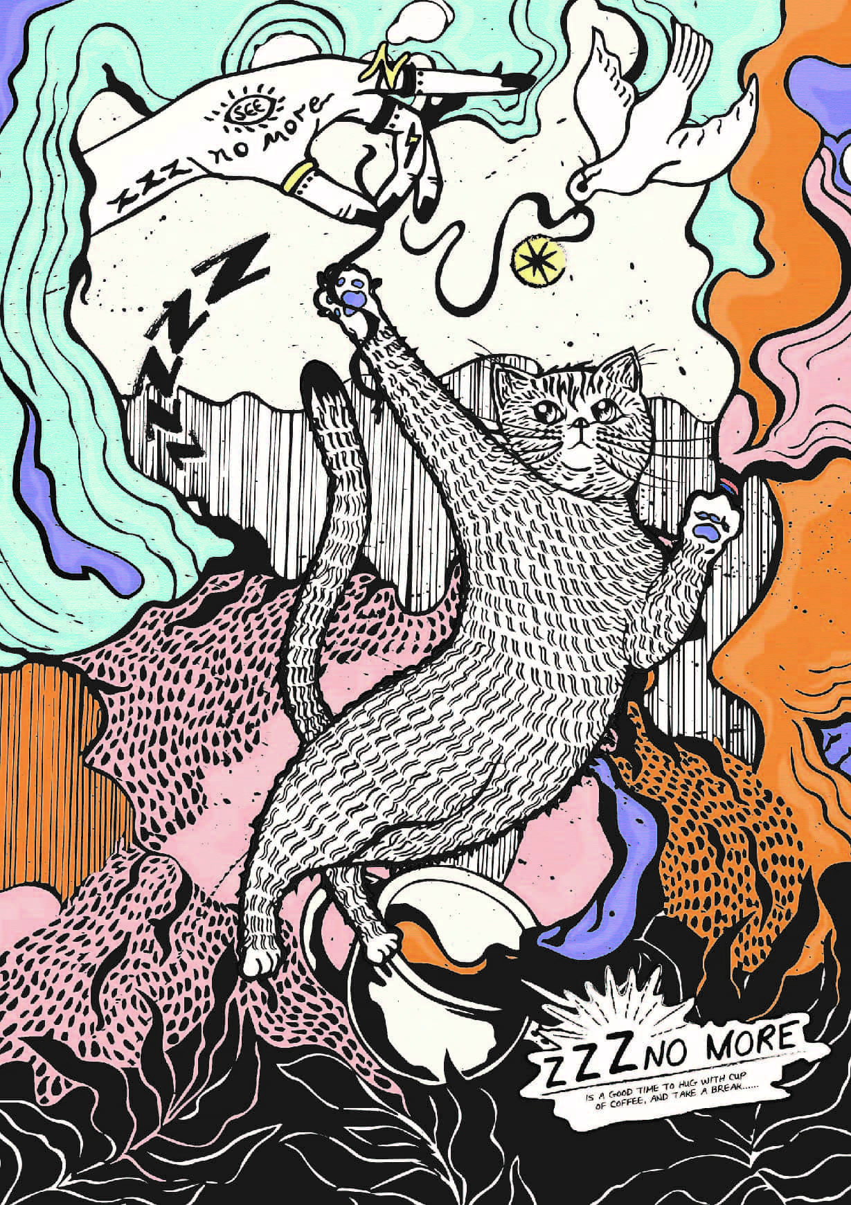 ZZZ No More A4 ART PRINT A of cup catching