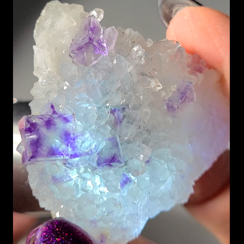 Blue and purple cubic fluorite on baby quartz - FL142