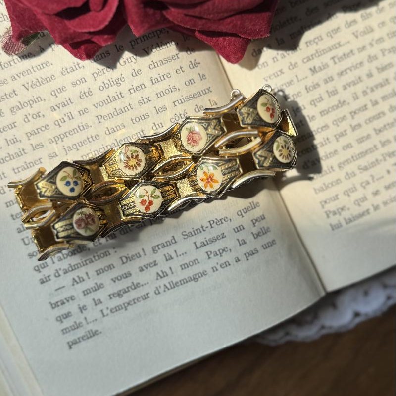 Rare! Vintage Floral Embellished Damascene Toledo Double Row Bracelet(MT2368)