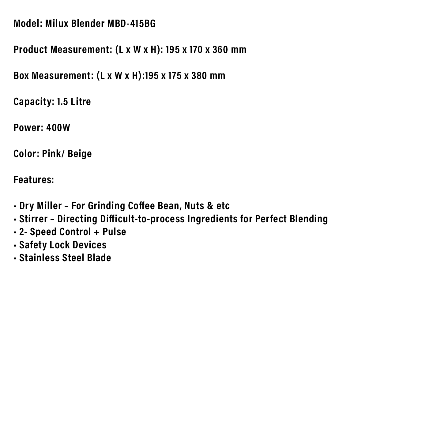Milux 1.5L 400W 2-in-1 Blender (MBD-415-BG)