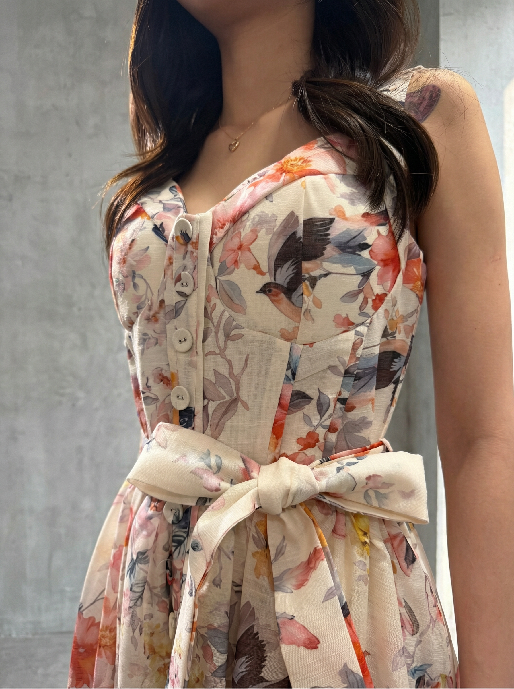 復古花卉印花連身裙配腰帶