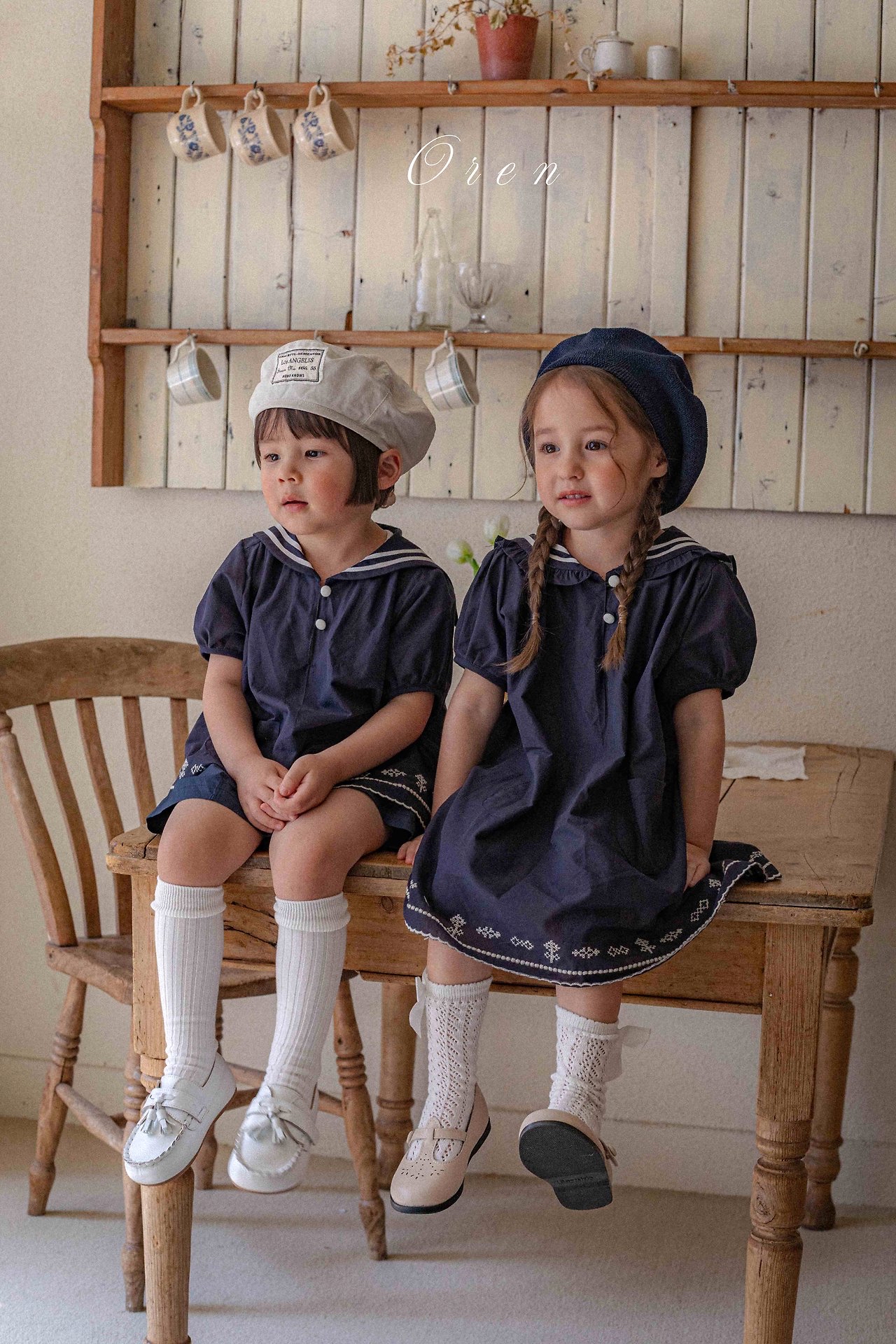 ☀️預訂 韓國直送☀️🇰🇷Oren Marinette兩色海洋風水手領刺繡短袖包屁衣/連身裙/上下套裝