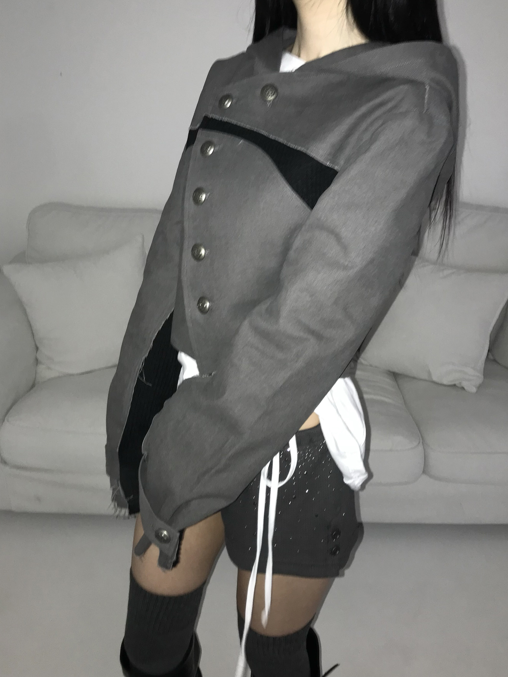 Asymmetric Raw-Edge Hooded Cropped Jacket