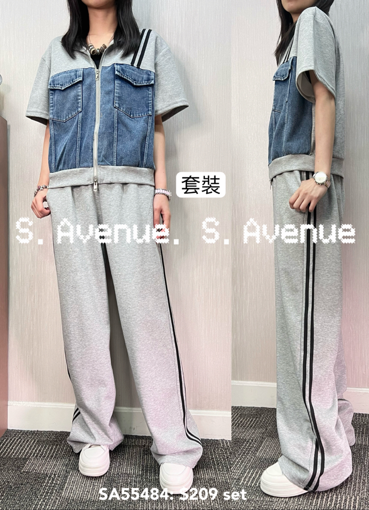 SA55484: 短袖拼牛仔拉錬外套配間邊長褲套裝