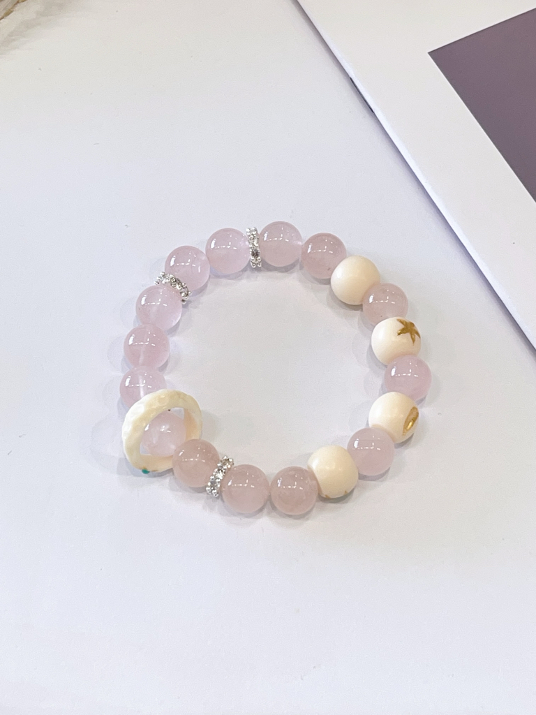 🤍 白水晶 × 粉水晶 × 象牙果手串 Clear Quartz, Rose Quartz & Tagua Nut (Vegetable Ivory) | 11mm