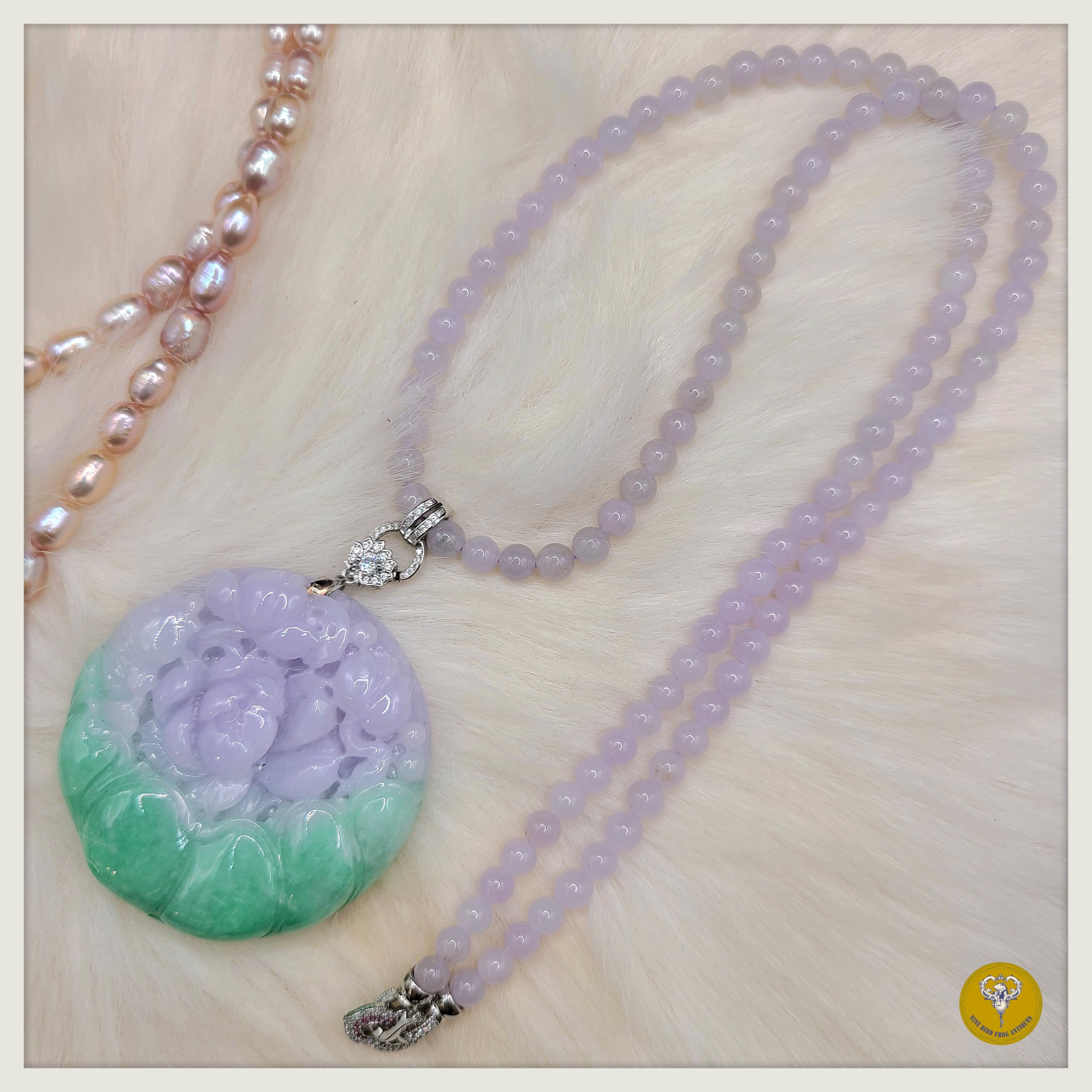 糯冰種紫羅蘭果綠青荷花魚池翡翠配紫羅蘭翡翠頸鍊