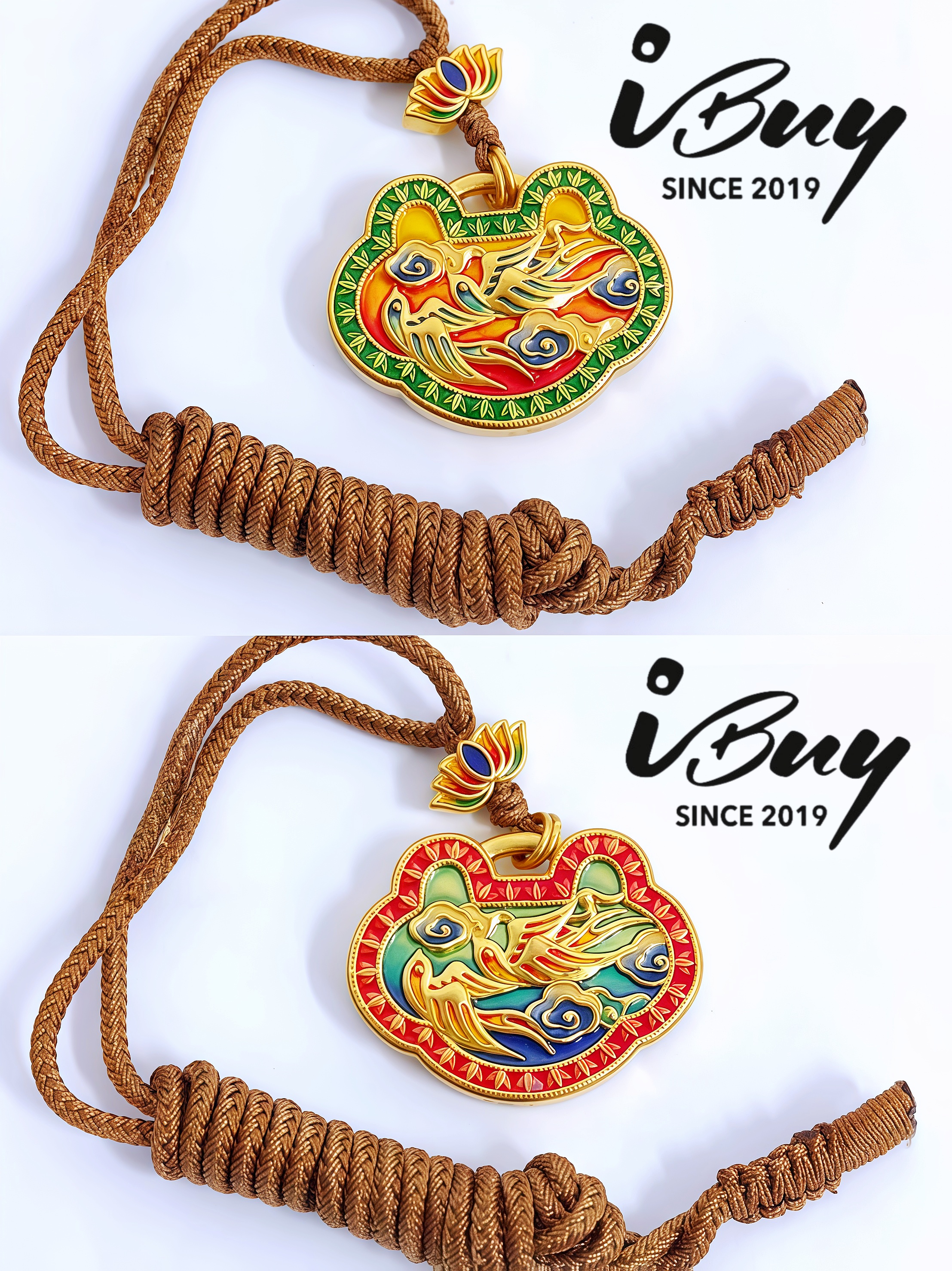 999 GOLD DOUBLE SIDED ENAMEL MndRIN DUCK RUYI LOCK PENDANT 999 金 双面珐琅鸳鸯如意锁包吊坠