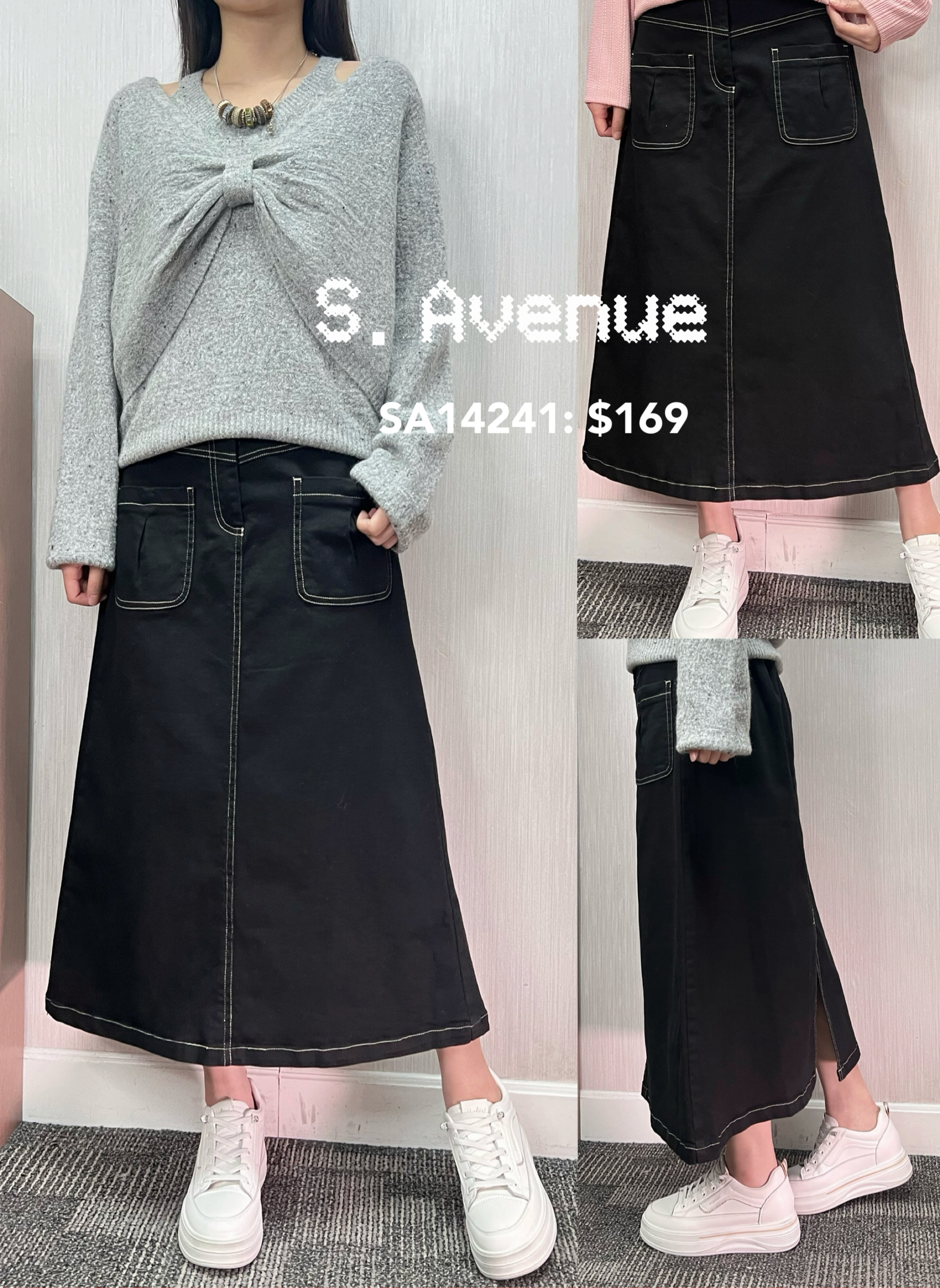 SA14241: 半截有鈕有拉鍊明線前雙袋小A字裙