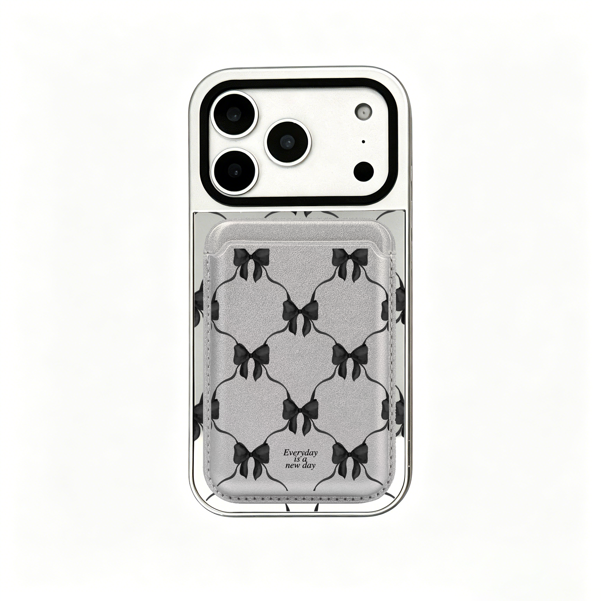 【Darling Dusk Ribbon Bows #BLACK】銀框鏡面面MagSafe iPhone Case＋MagSafe卡套