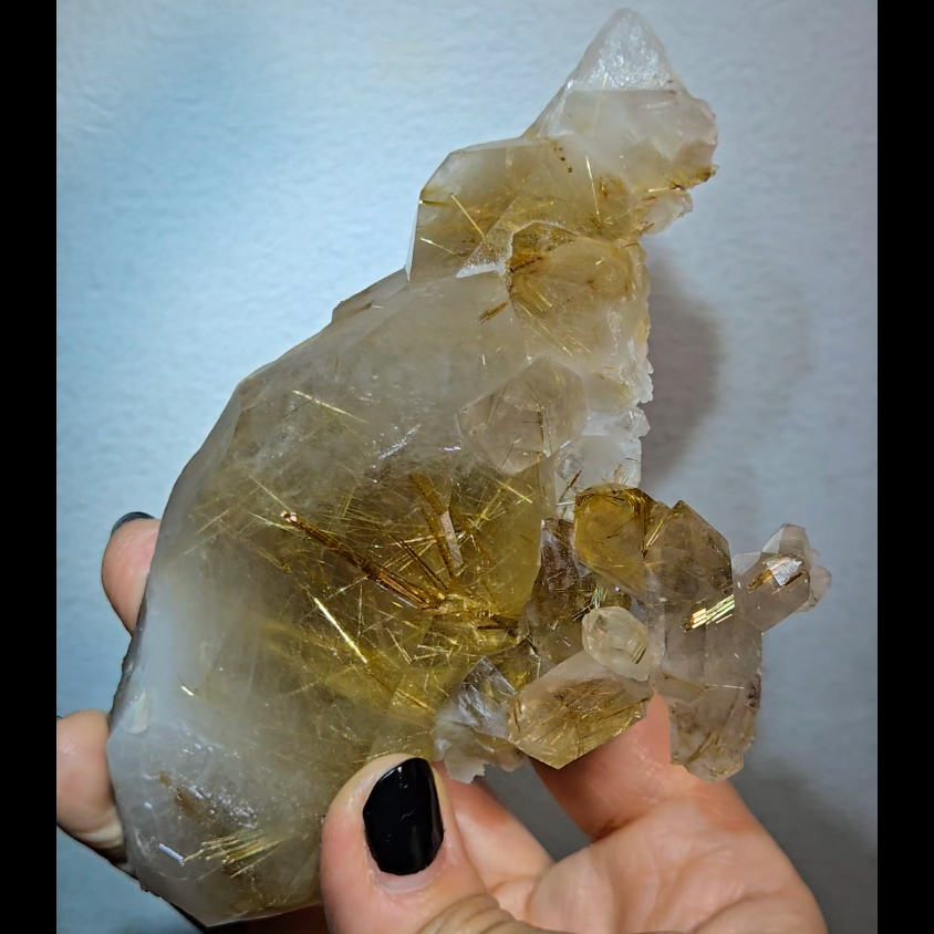 Golden titanium rutiles on black hematite in quartz cluster - RT1443