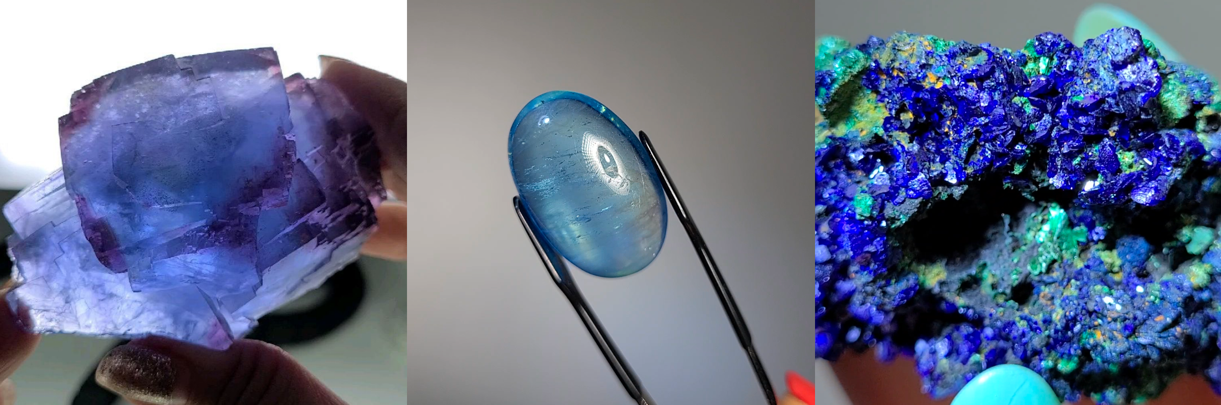 Cubic blue fluorite, gem aquamarine, and azurite malachite raw stone.