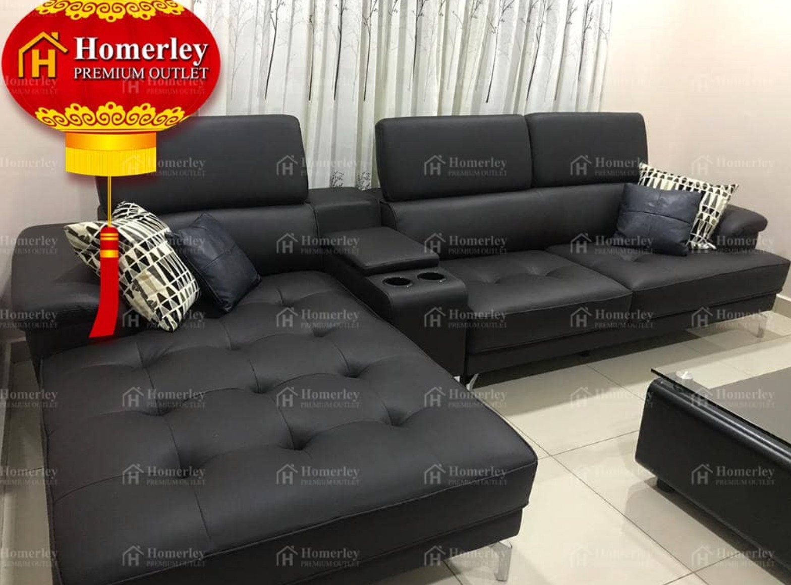 Modern Black Leather Sectional Sofa with Cup Holders