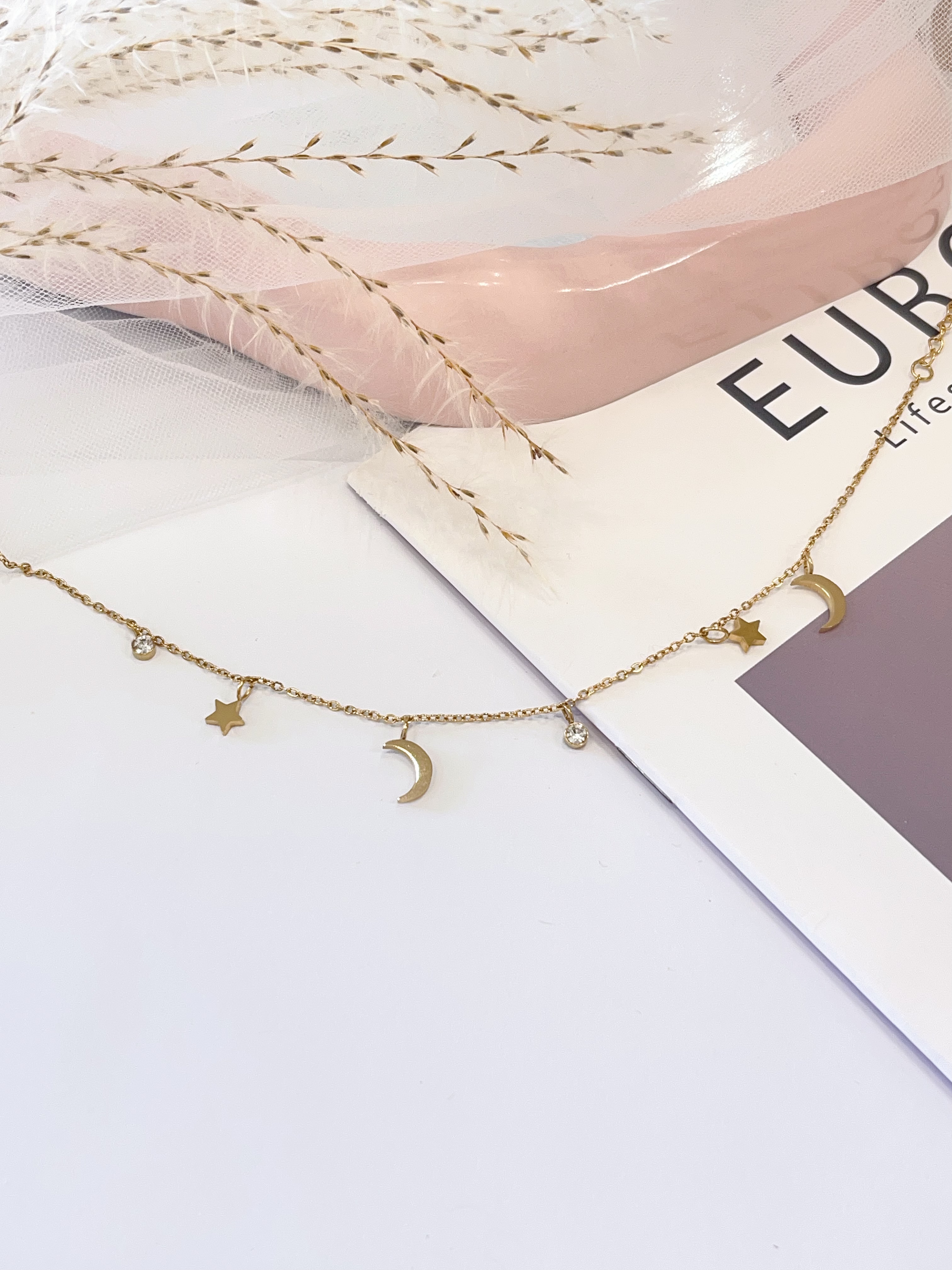 精致钻石星月款钛钢脚链⭐🌙