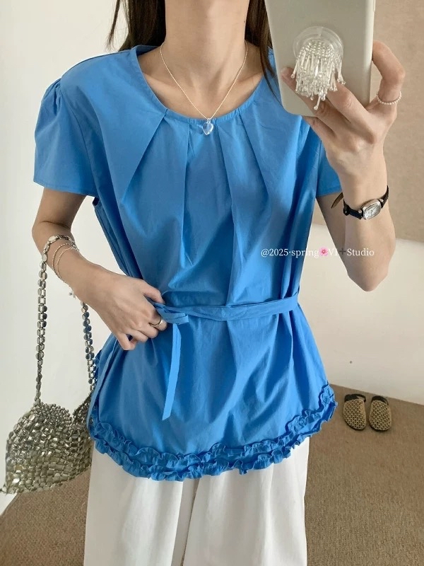 韩式压褶花边设计短袖｜CN01240036BLUE