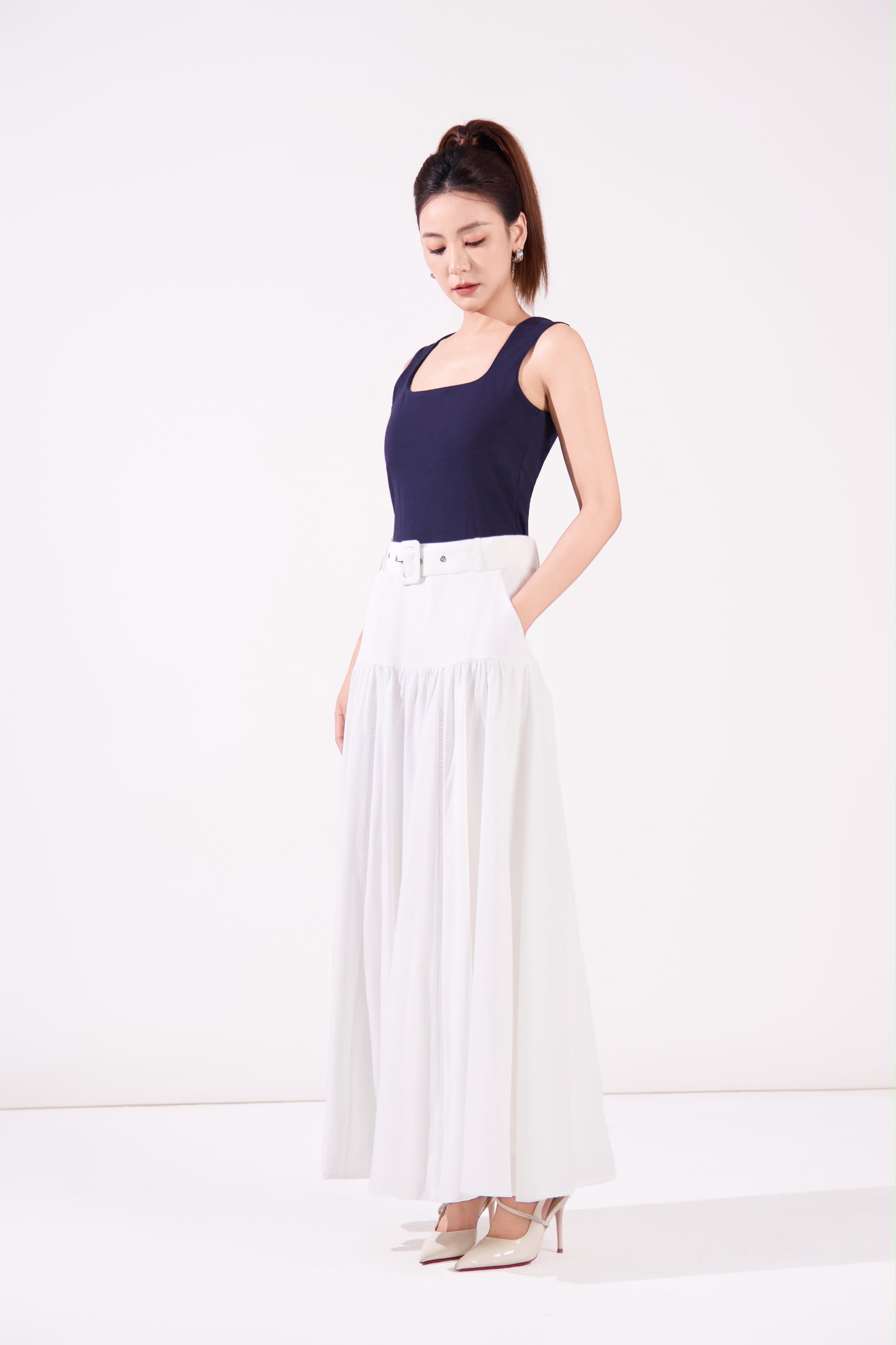 12241368 Belted Gathered Maxi Skirt