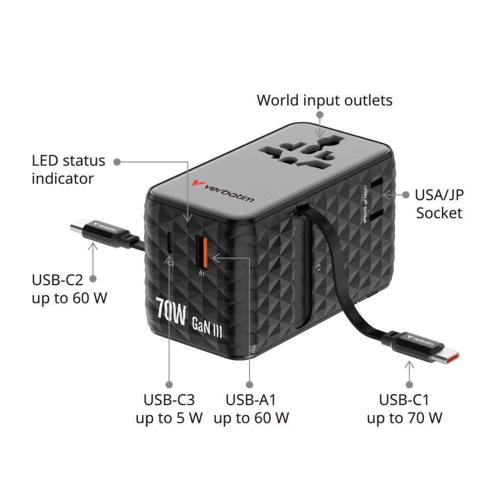香港行貨 2年保養  Verbatim 威寶 Charge 'n' Travel Diamond 70W 通用旅行轉插(附雙USB-C可伸縮充電線) (CNT-70/2C) 30186