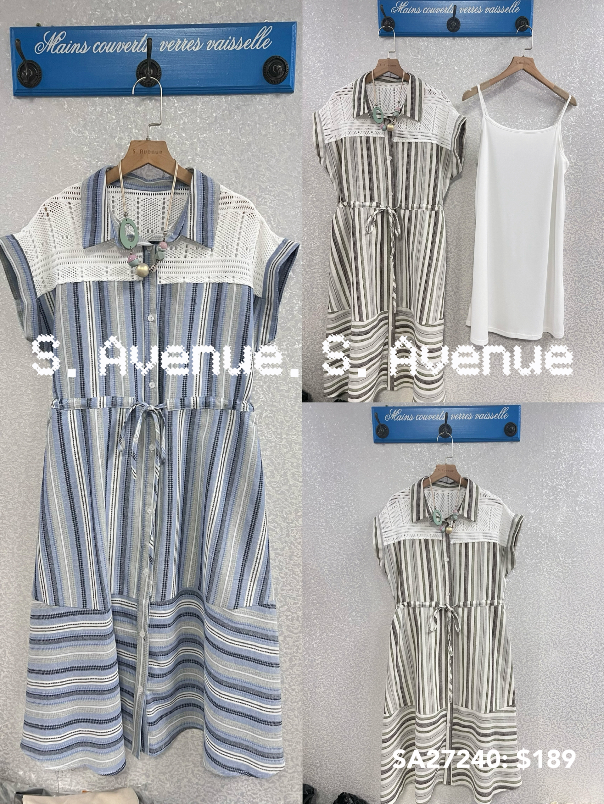 SA27240: 短袖領勾花直條有鈕束腰op