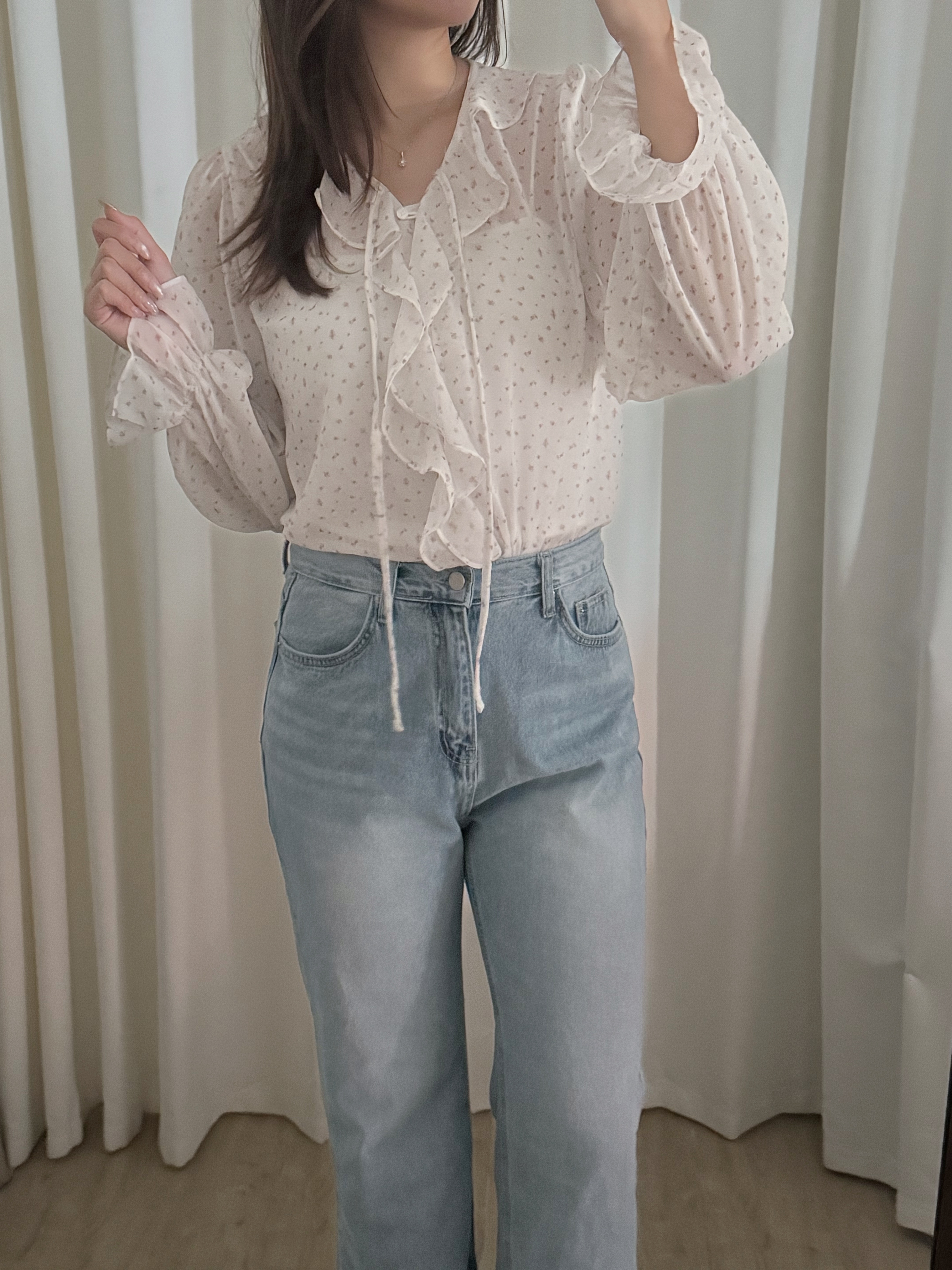 輕透荷葉邊碎花襯衫(兩色入)