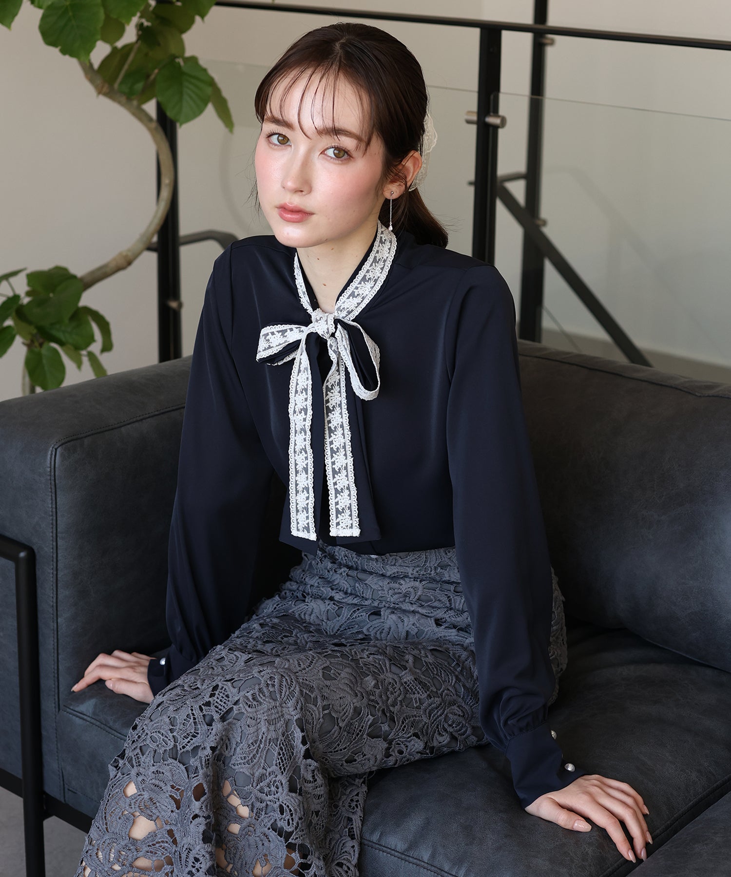 <JP> Lace Ribbon x Pearl Shirt Blouse * 3色入 <預購>