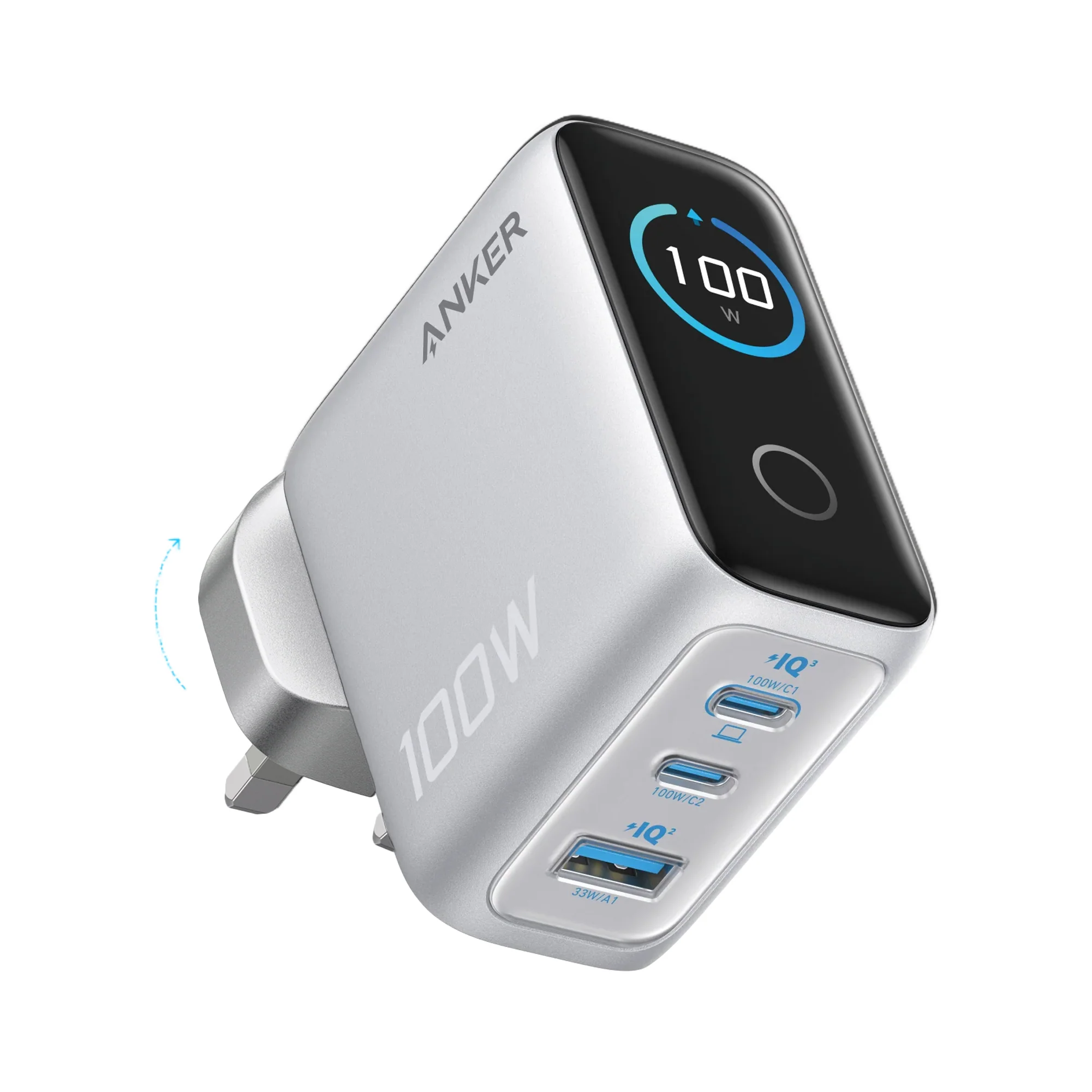 Anker 充電器(100W,3 個端口,智慧顯示器)3輸出牆插充電器連 USB-C 充電線 Charger 100W, 3 Ports, Smart Display 3-Output