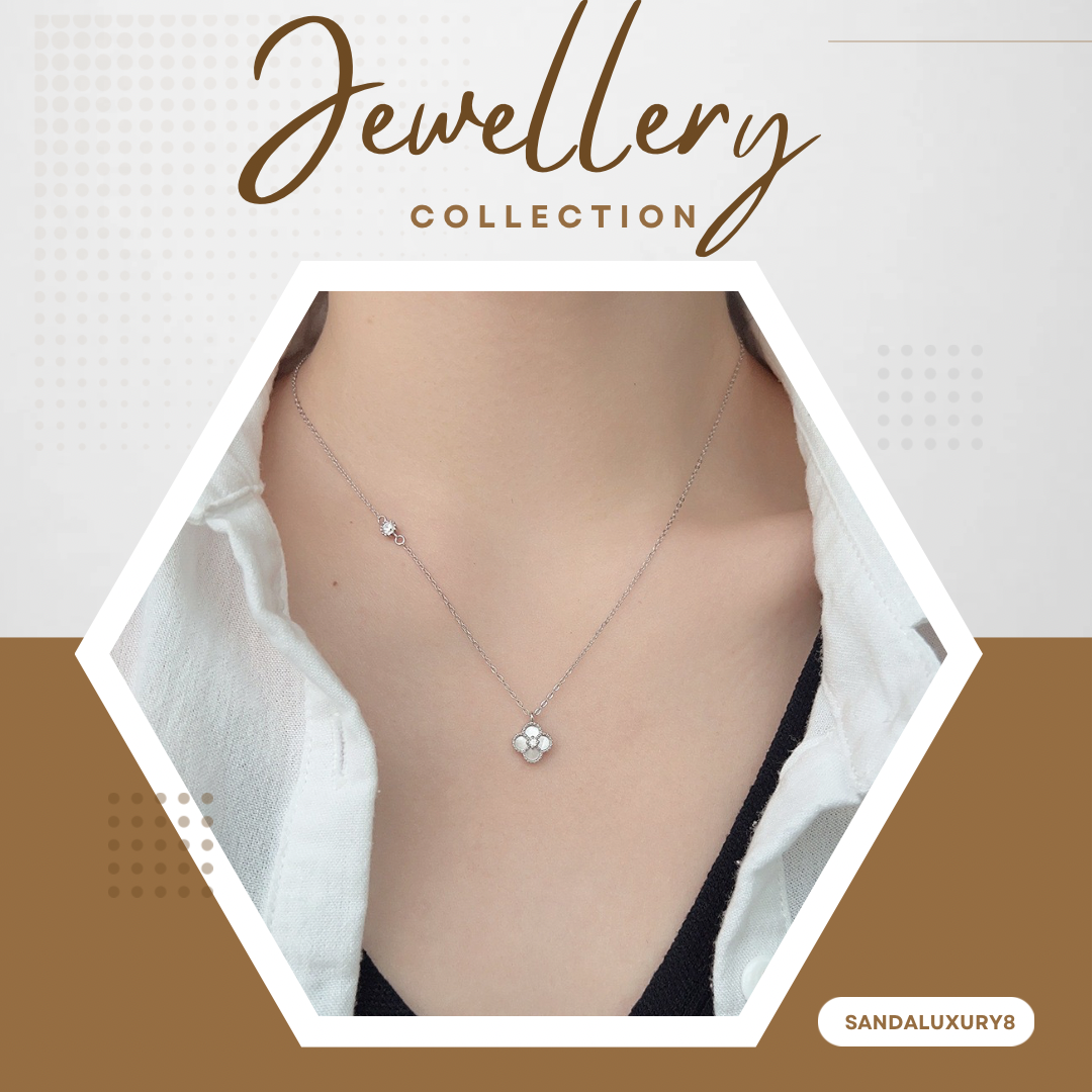 Silver Clover Necklace with Diamonds  - SANDALUXURY8