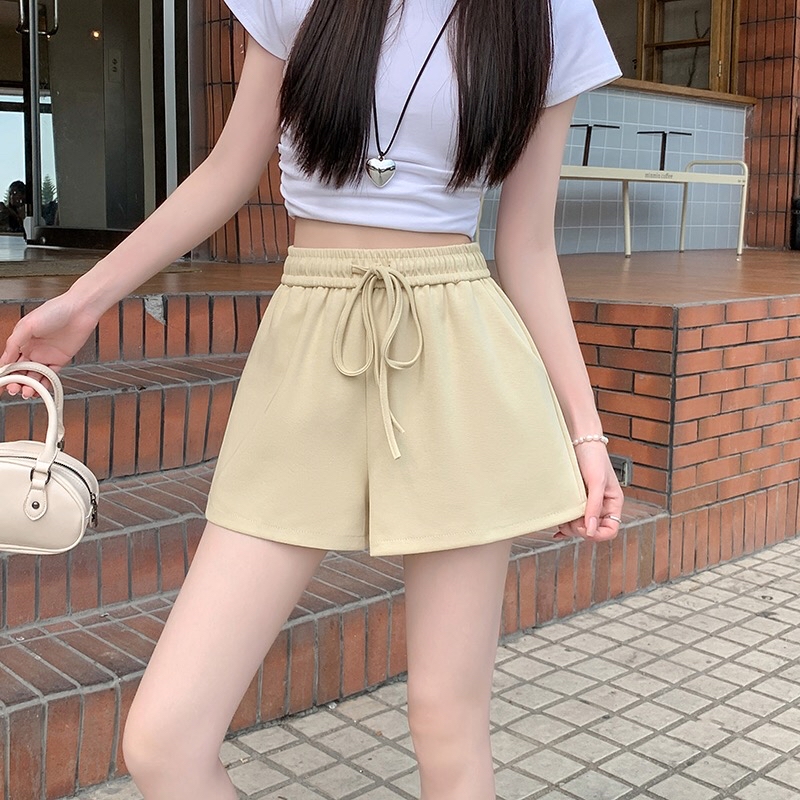 B275(33768) 韩系休闲风松紧腰系带A字显瘦4色4分裤