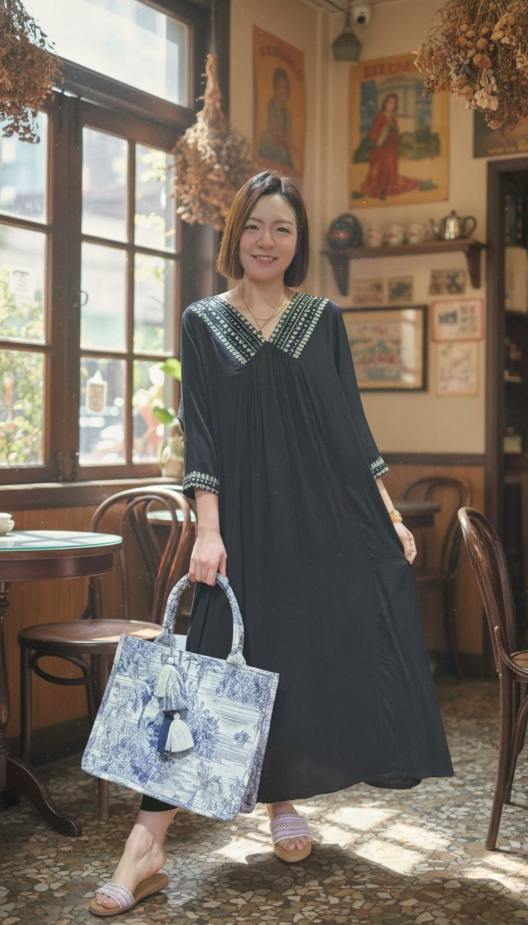 2202 Black Op with Heavy Emb V neck 47"