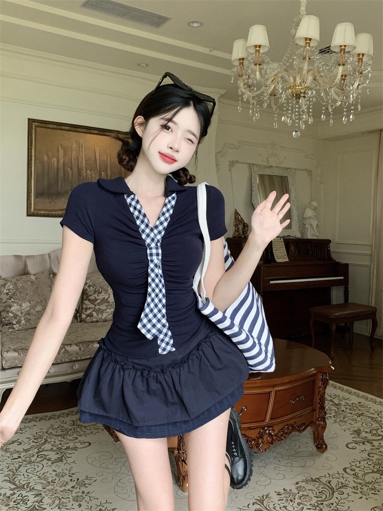 B184(18868) 韩系气质格纹领带边褶皱腰上衣与双层荷叶短裙蓝套装