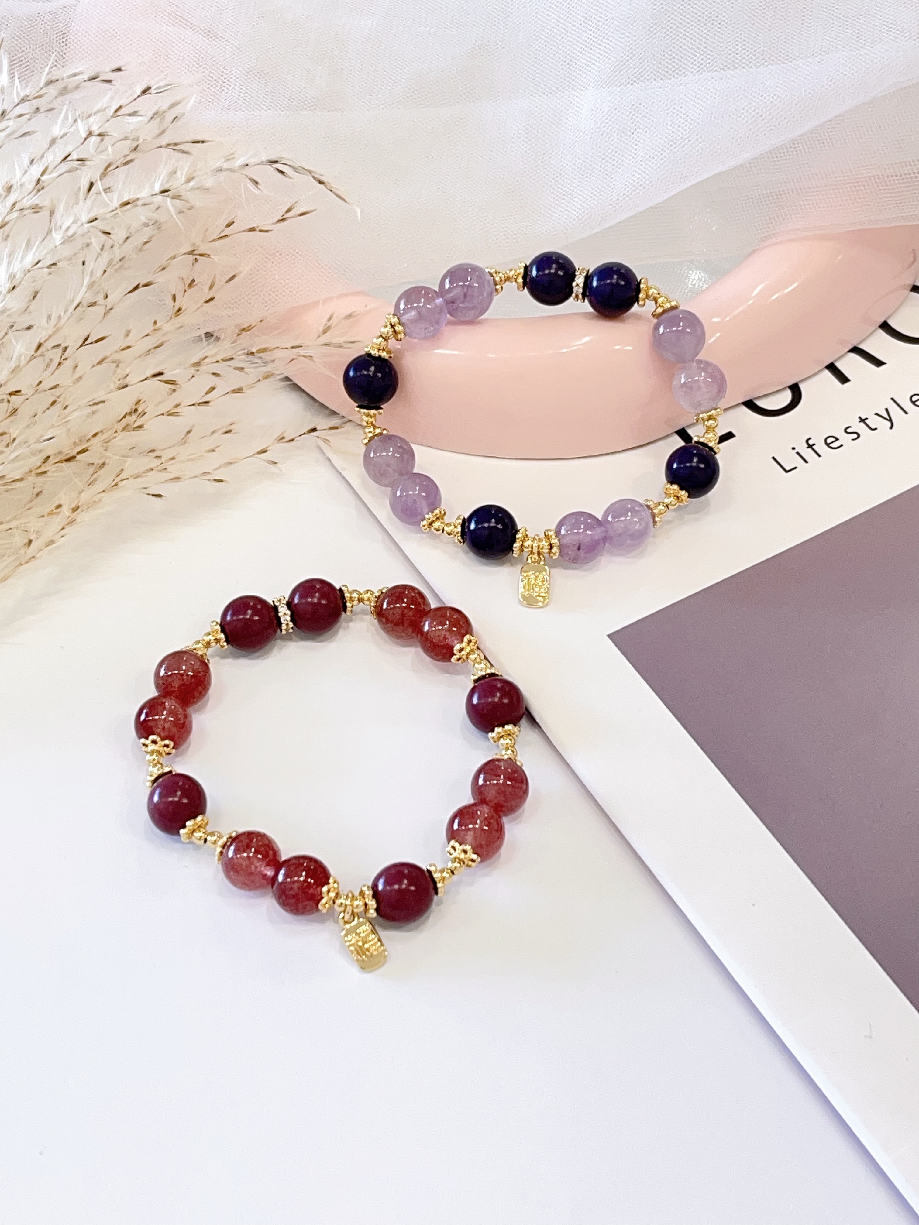 💜 薰衣草紫水晶 × 草莓晶 × 合香珠手串 Lavender Amethyst, Strawberry Quartz & Incense Bead | 10mm 