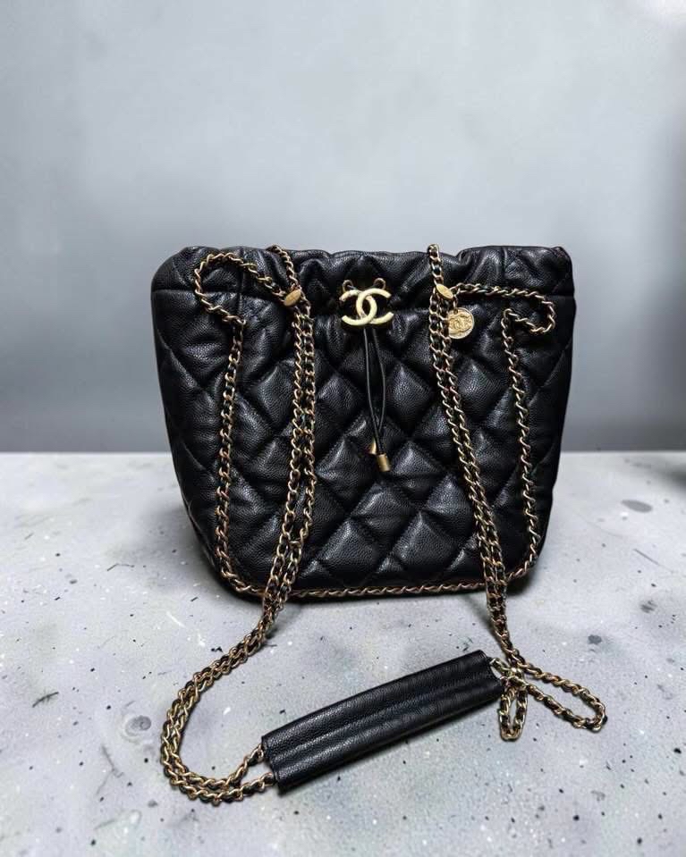 Chanel drawstring bag AS3469 黑色魚子醬牛皮金扣 bucket bag  100%Authentic,98%new  ✅晶片✅dust bag✅box