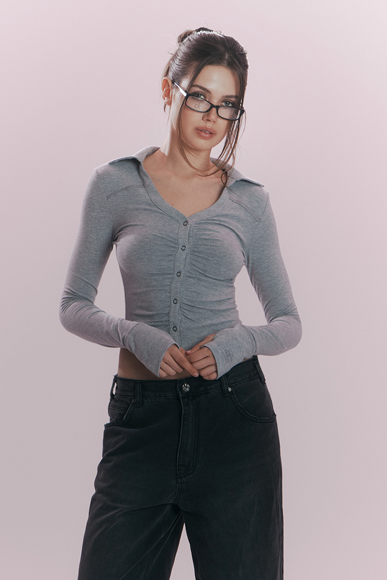 pleaseNOFOLLOW - Mamie Snap Button Slim Shirts (Melange Grey)