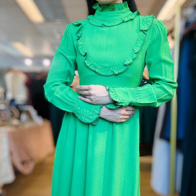 Vintage 1970s Victorian-Inspired Prairie Green Maxi Dress (MT2567)