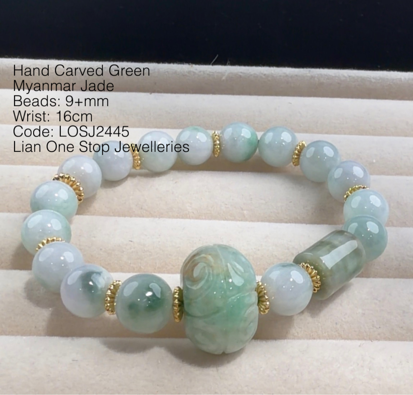 Code: LOSJ2445 Hand Carved Green Myanmar Jade 9+mm 