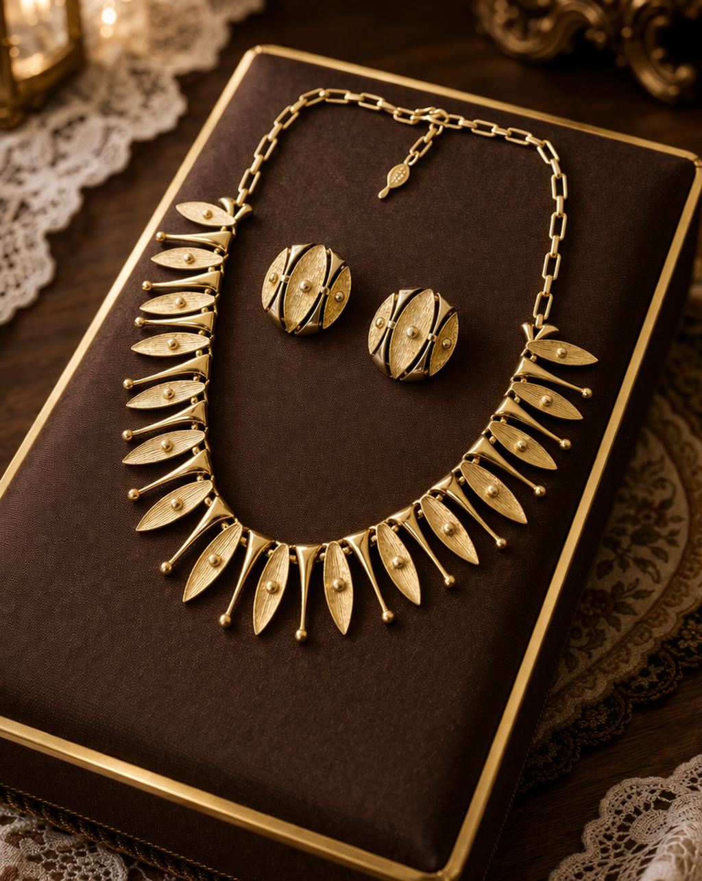 Vintage 1962 Sarah Coventry "EGYPTIAN TEMPTRESS" Statement Necklace and Clip Earrings Set (MT2146)