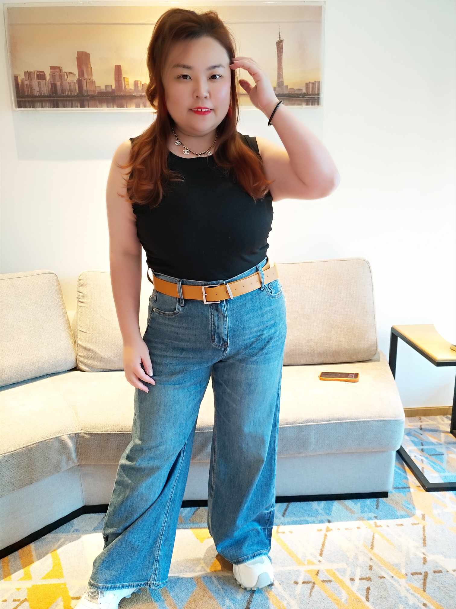 YCF07 3057 腰带水洗复古弹力牛仔直筒长裤