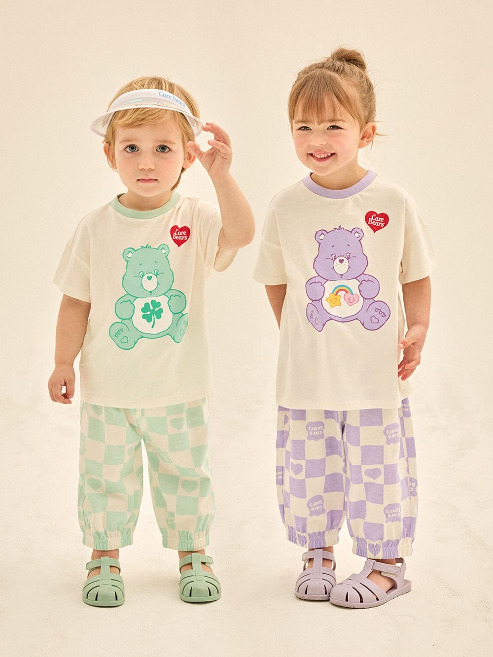 ☀️預訂 韓國直送☀️🇰🇷正版Care Bears兩色幸運朋友小熊印花棋盤格紋上下套裝