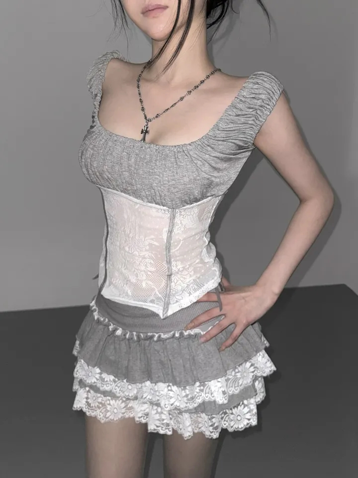 Ruched Sheer Lace Panel Corset Top