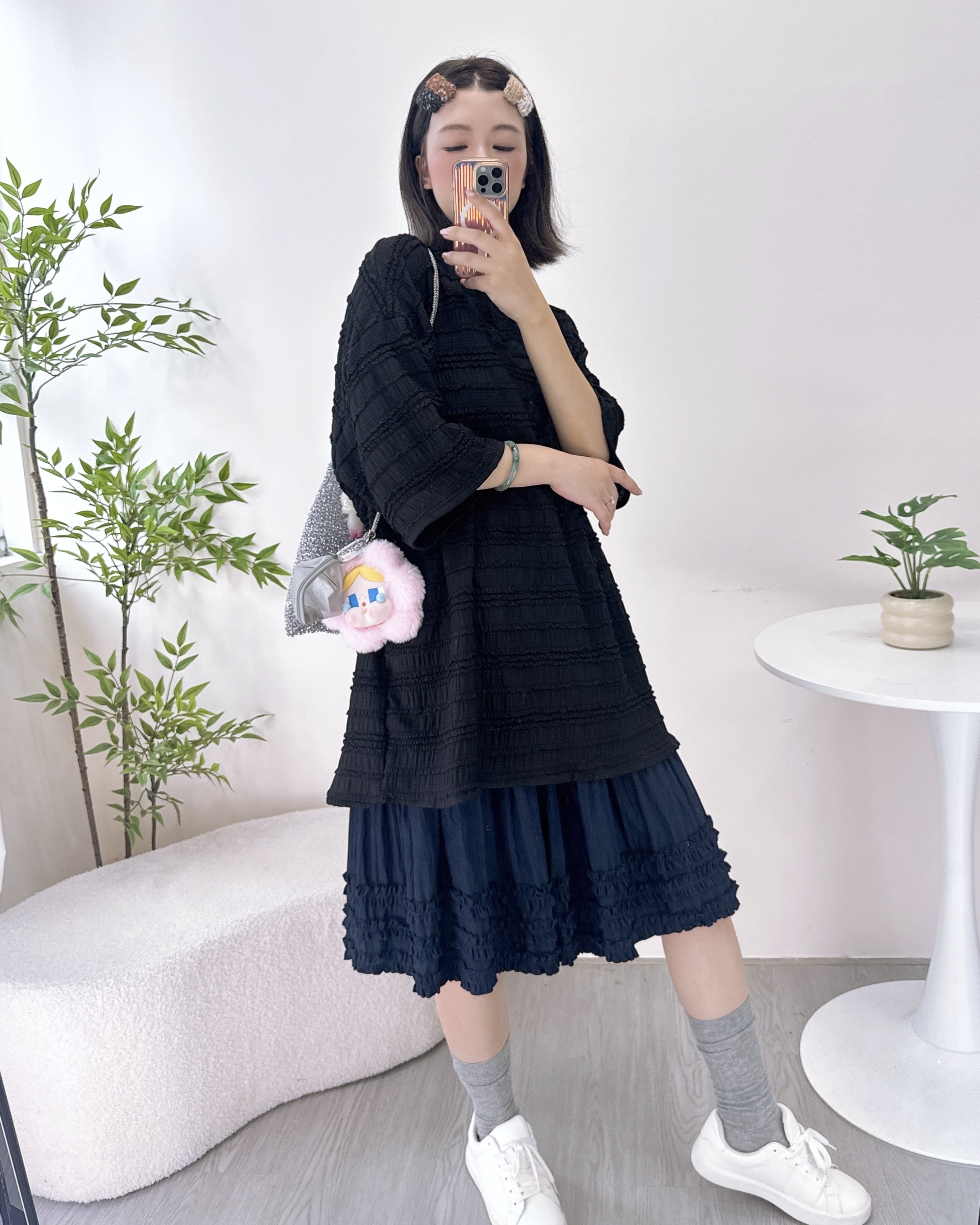 彈性3D橫紋棉料長上衣 2色