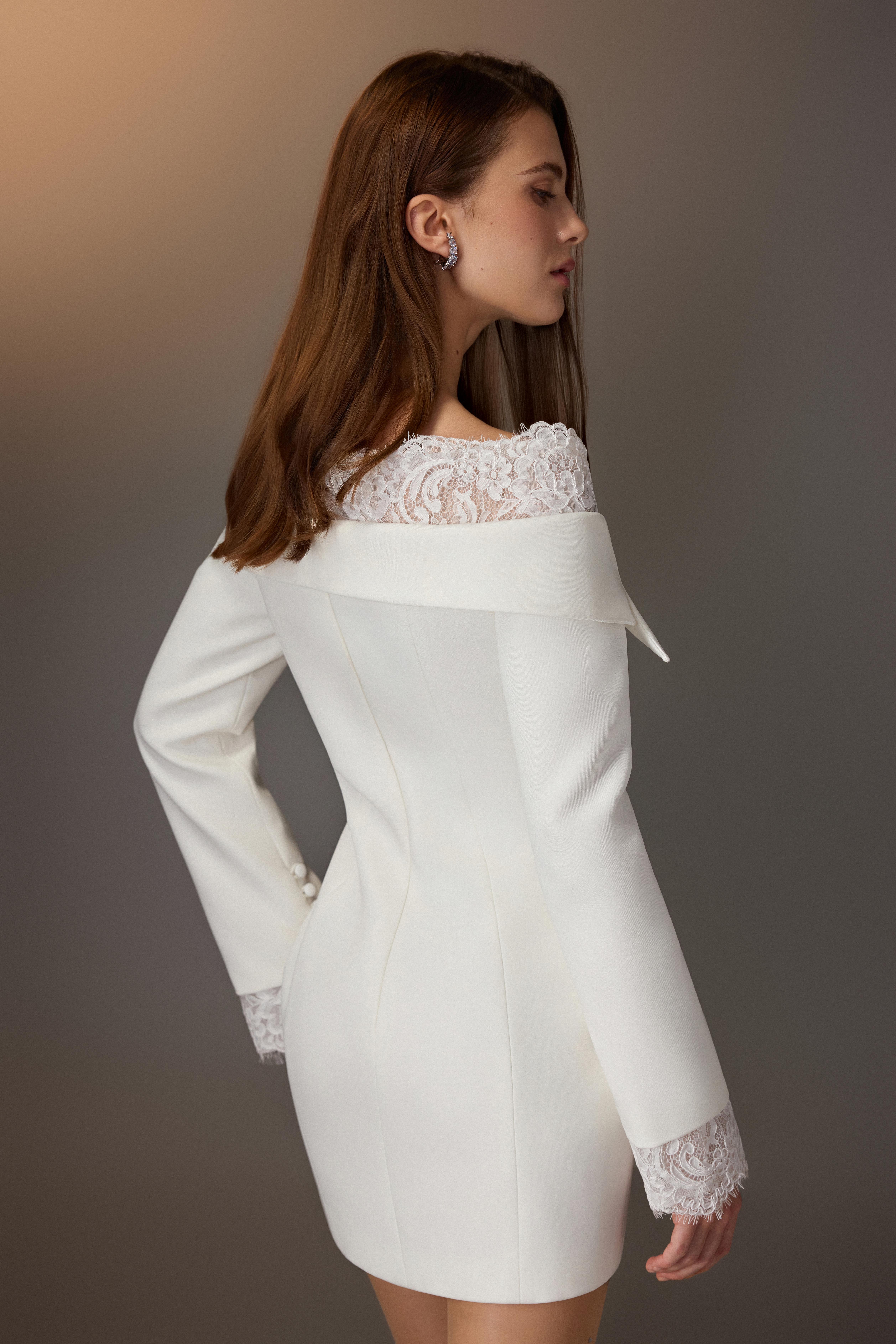 Ivory Lace Off Shoulder Blazer Dress