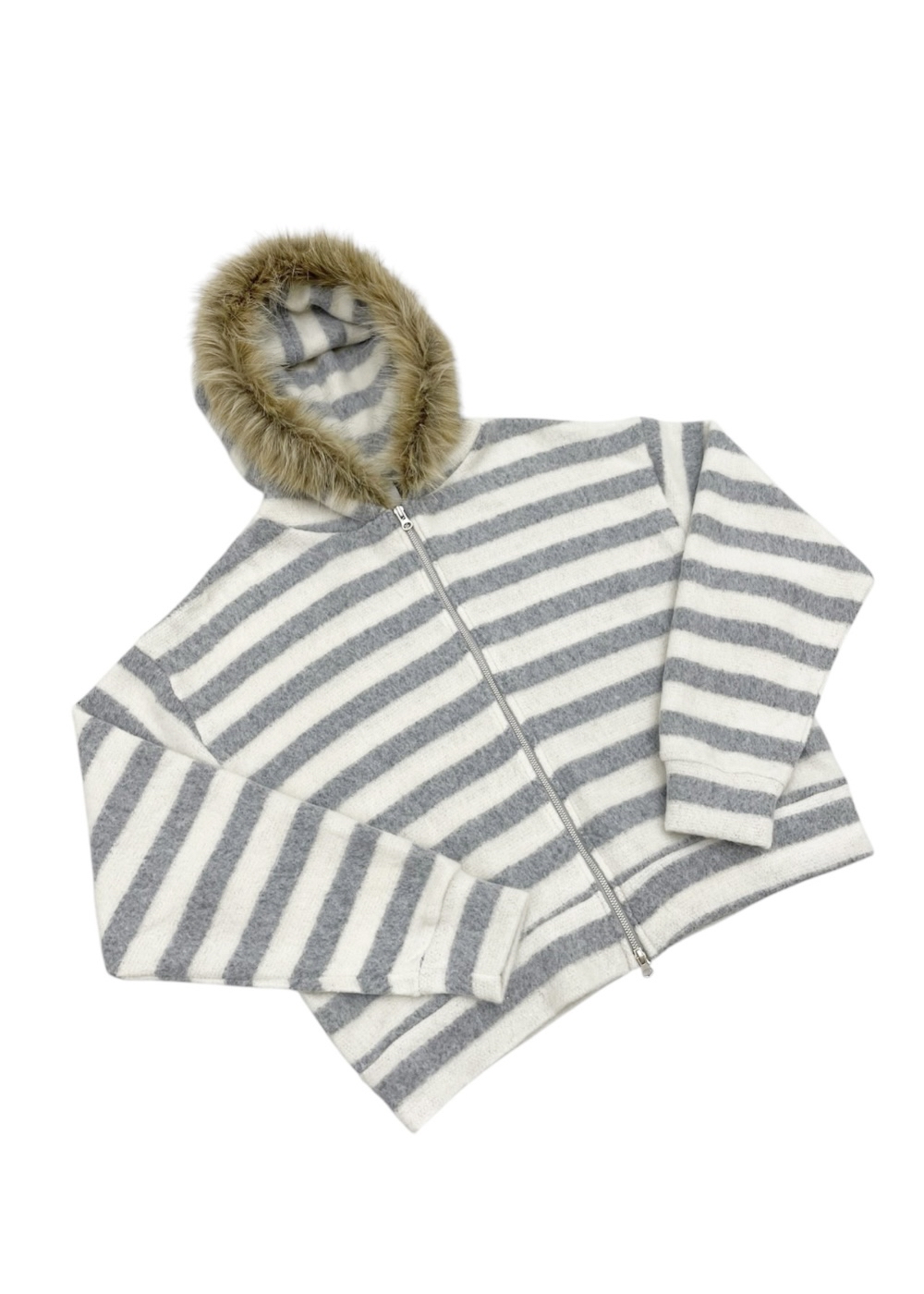 Striped Faux Fur Zip Hoodie(Unisex)
