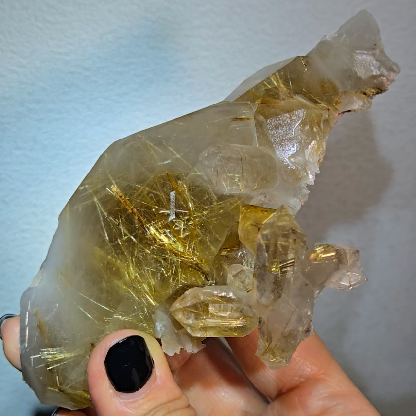 Golden titanium rutiles on black hematite in quartz cluster - RT1443